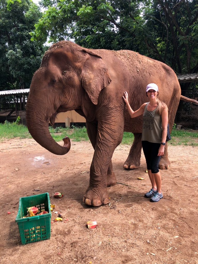 Sara with an elephant eating at the Elephant Nature Park
