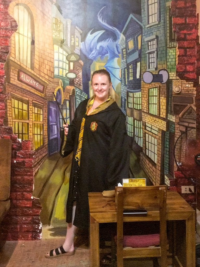 Candace wearing a robe at Always Cafe in Hanoi