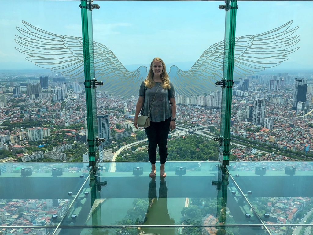 Candace with the wings at the Sky Lotte Observation Deck in Hanoi