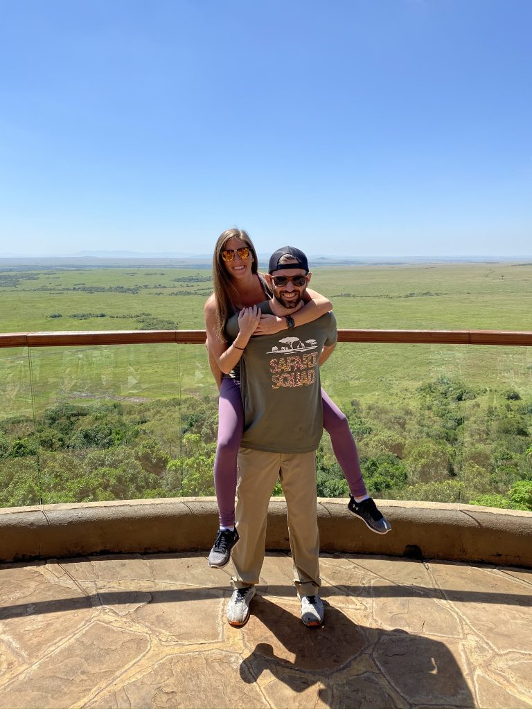 Couple wearing matching shirts at the Mara Serena Safari Lodge during Kenya trip to Maasai Mara