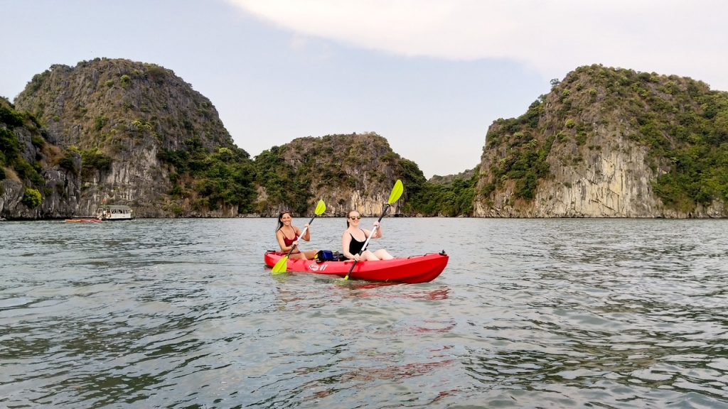 Sara & Candace kayaking at Bai Tu Long Bay