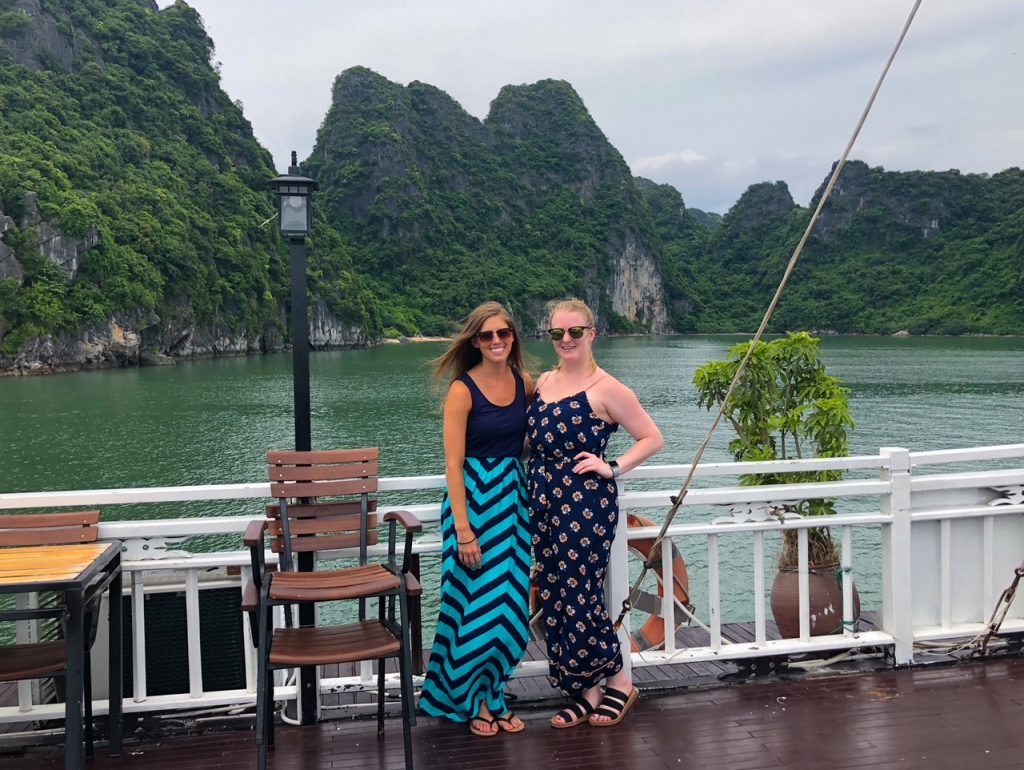 Sara & Candace on an overnight cruise to Bai Tu Long Bay in Vietnam