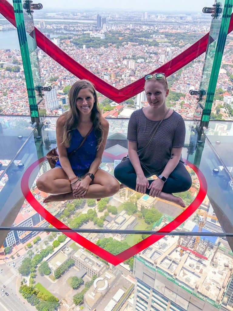 Sara and Candace at the Sky Lotte Observation Deck in Hanoi Vietnam