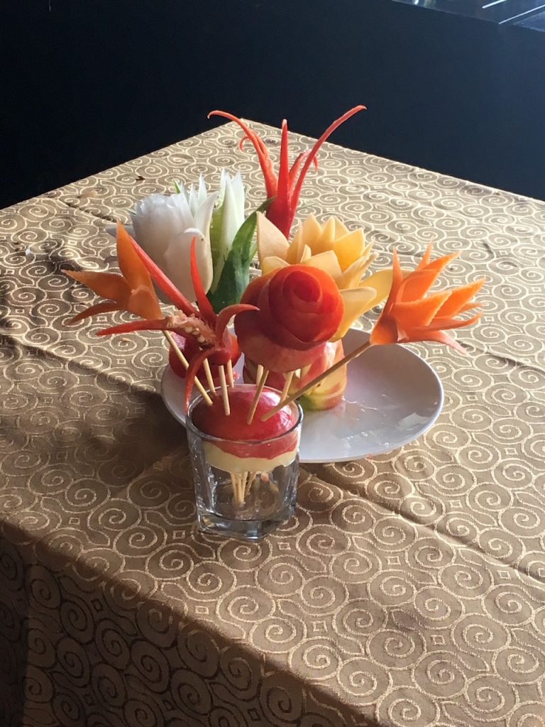 a fruit flower arrangement from our Vietnamese cooking class