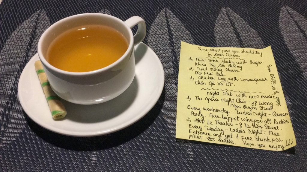 a note from our waitress at the Essence Restaurant in the AIRA Boutique Hanoi Hotel and Spa