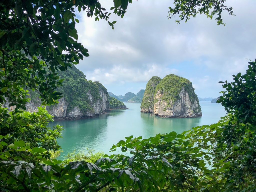 a beautiful view from the Thien Canh Son Cave entrance at Bai Tu Long Bay in Vietnam