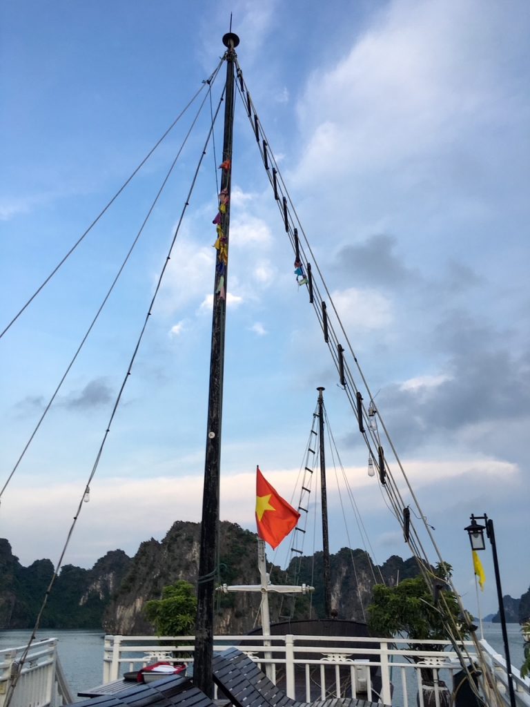 the front of our junk boat in Bai Tu Long Bay