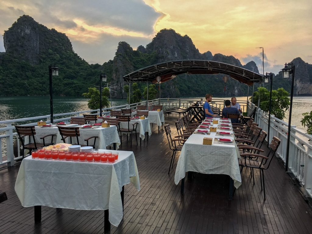 the sunset party on our Bai Tu Long Bay overnight cruise