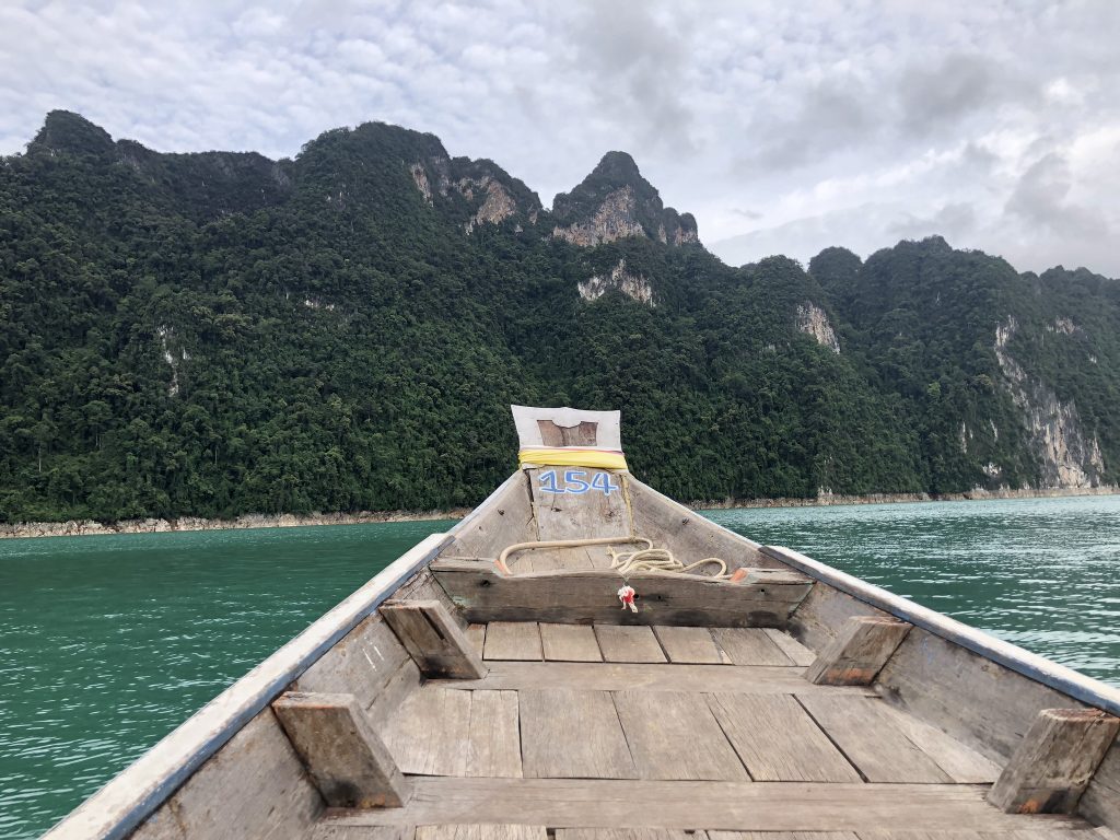 a view from the front of the longtail boat on Cheow Lan Lake