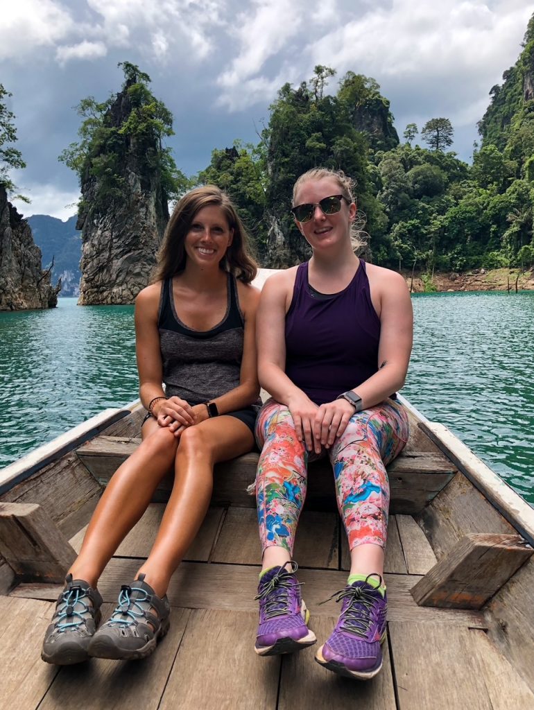 Sara and Candace on a longtail boat in Khao Sok National Park, one of the stops on their 2-week Southeast Asia itinerary