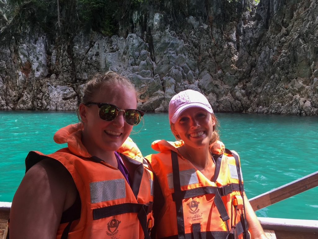 Sara and Candace on a boat inside Khao Sok National Park