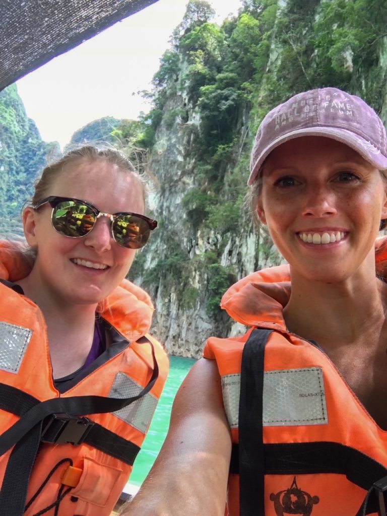 Candace and Sara on a longtail boat at Khao Sok National Park