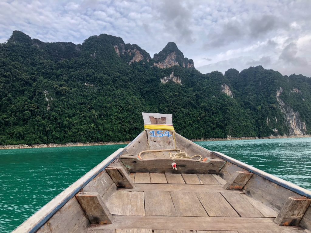 a view from the front of the longtail boat on Cheow Lan Lake