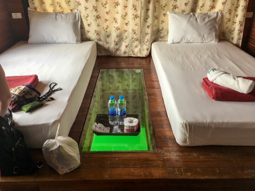 inside our floating bungalow at Khao Sok National Park
