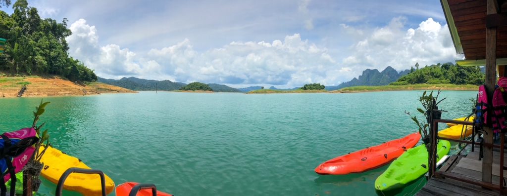 kayaks outside our floating bungalows at Khao Sok National Park