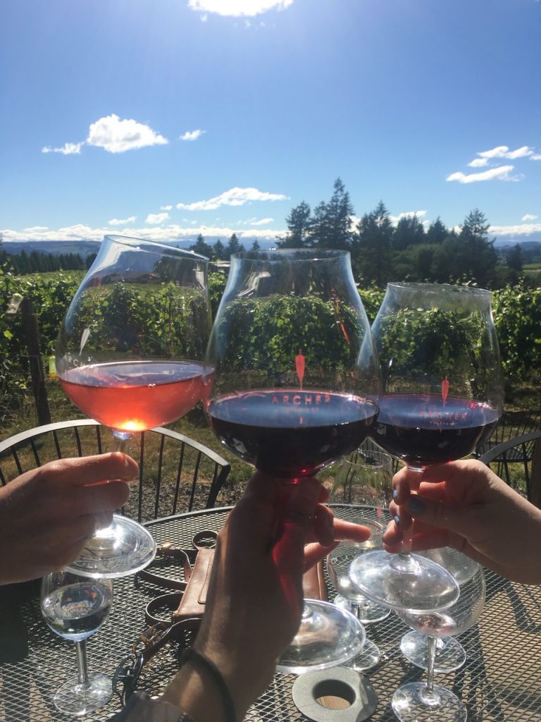 cheersing at Archer Vineyard in Dundee Hills, Oregon