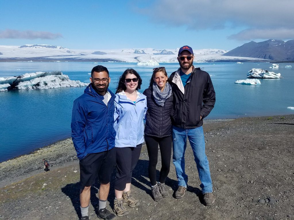 the four of us at Jökulsárlón a massive glacier lagoon and a must-visit spot in South Iceland