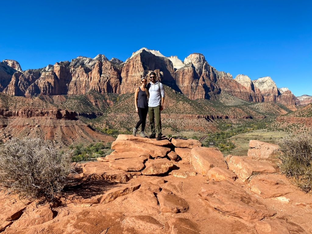 Sara & Tim at one of the viewpoints on the Watchman Trail at Zion National Park