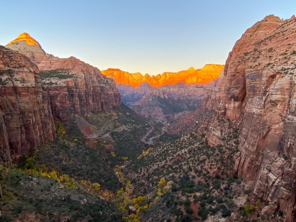 an epic sunrise at Zion National Park from the Zion Canyon Overlook Trail