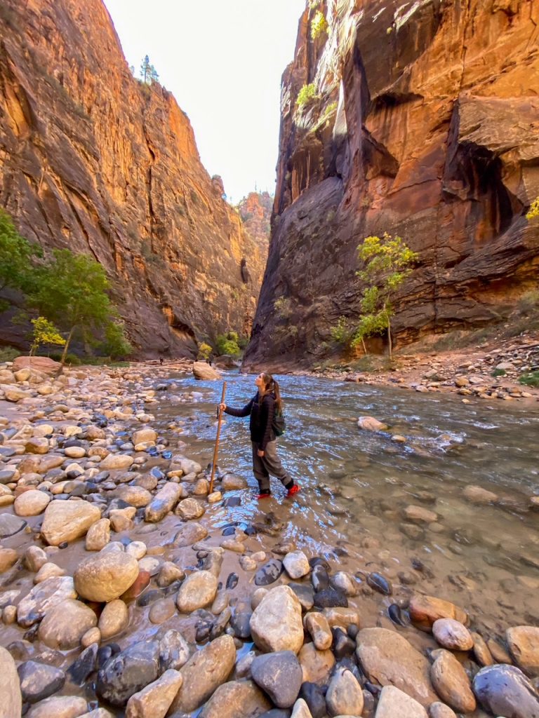Sara admiring the tall canyon walls at the Narrows in Zion National Park, the first stop on a Utah Mighty Five road trip