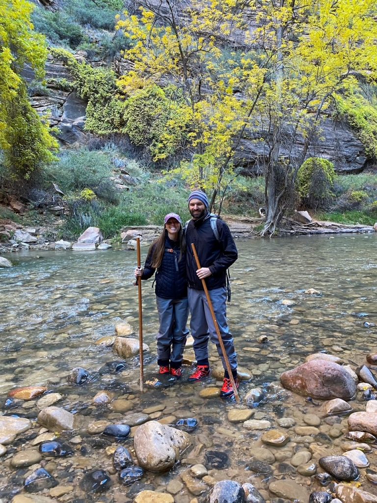 Sara and Tim starting The Narrows, the most popular hike in Zion