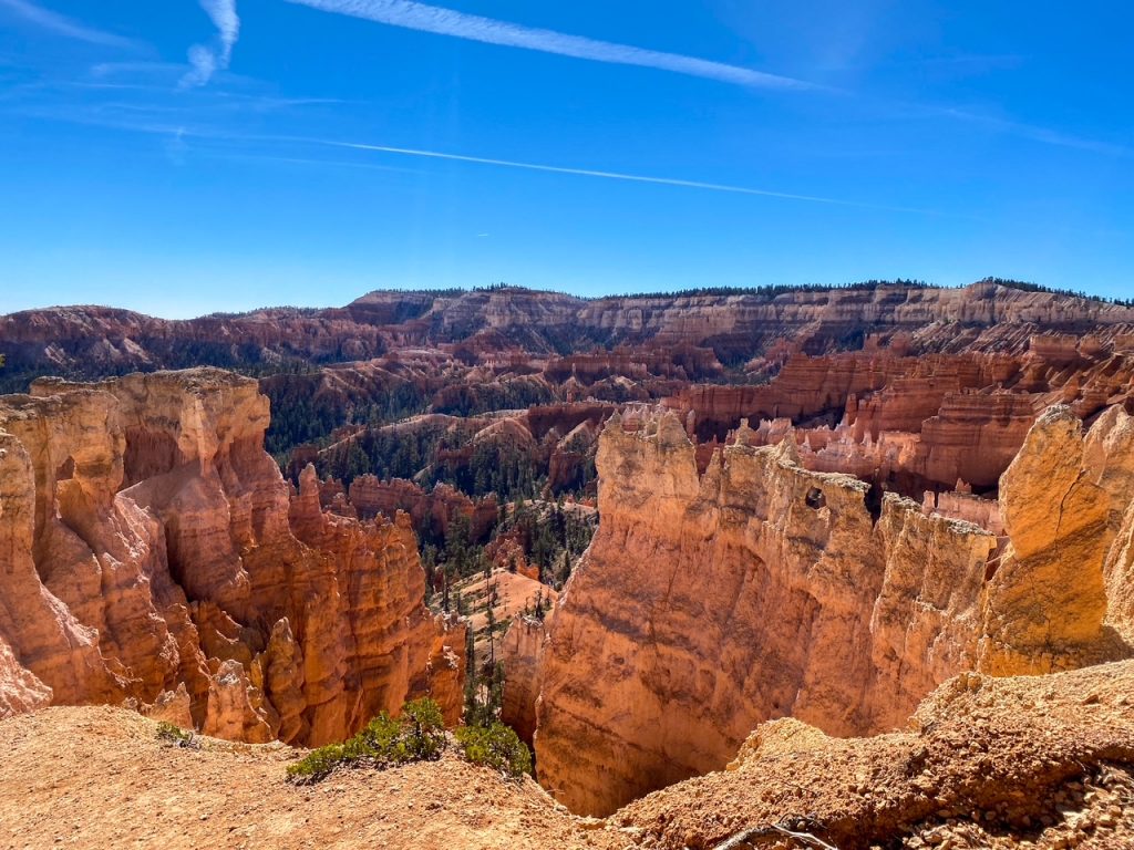a panoramic view overlooking tons of orange-colored hoodoos along the Queen's Garden Trail to Sunrise Point in Bryce Canyon