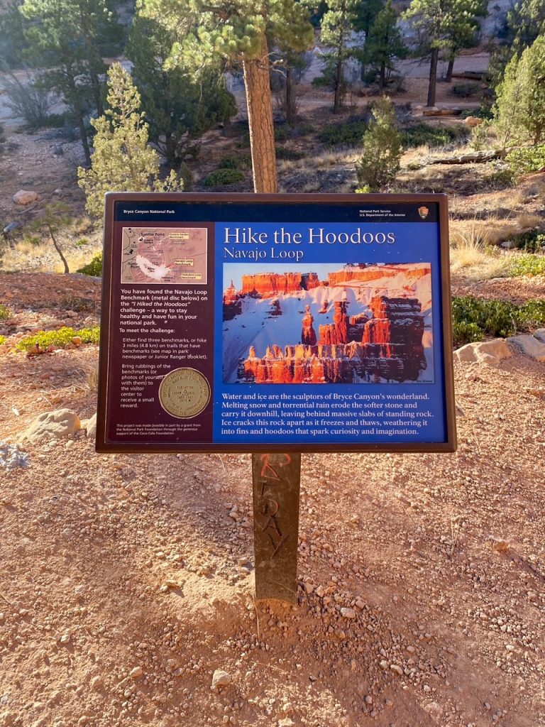a sign for the Navajo Loop in Bryce Canyon National Park
