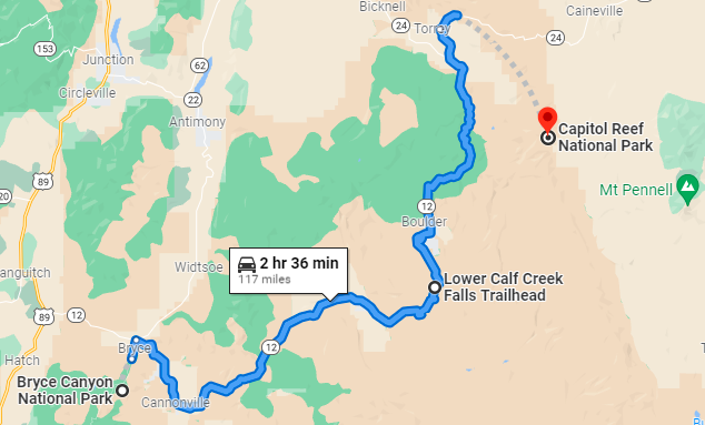 directions from Bryce Canyon National Park to Capitol Reef National Park