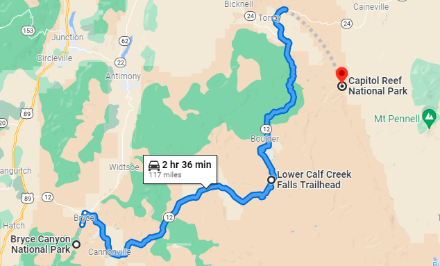 Bryce Canyon National Park to Capitol Reef National Park with Lower Calf Creek Falls map