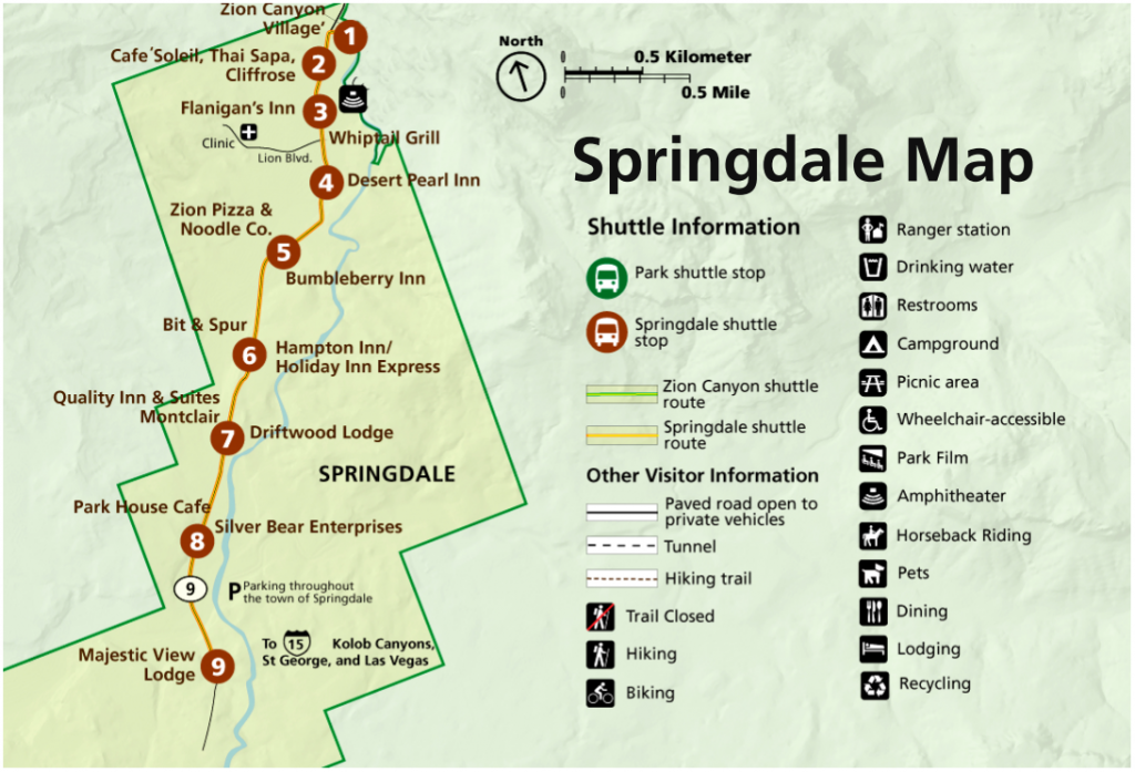 map of Springdale, Utah and its shuttle system to Zion National Park