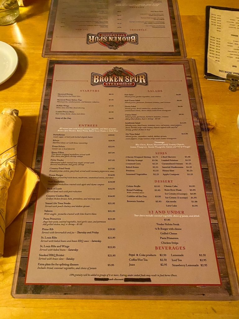 Broken Spur Inn and Steakhouse menu