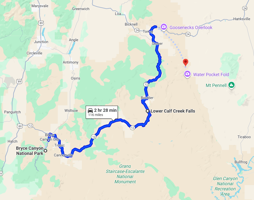 Bryce Canyon to Capitol Reef map with a stop at Lower Calf Creek Falls in Escalante
