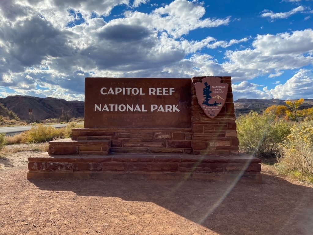 the National Park Service Capitol Reef National Park entrance sign