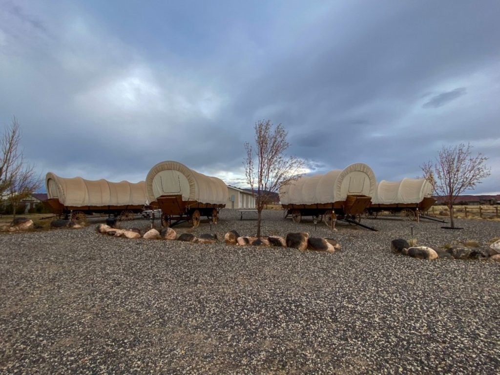 Conestoga Wagons used for glamping at the Broken Spur Inn and Steakhouse