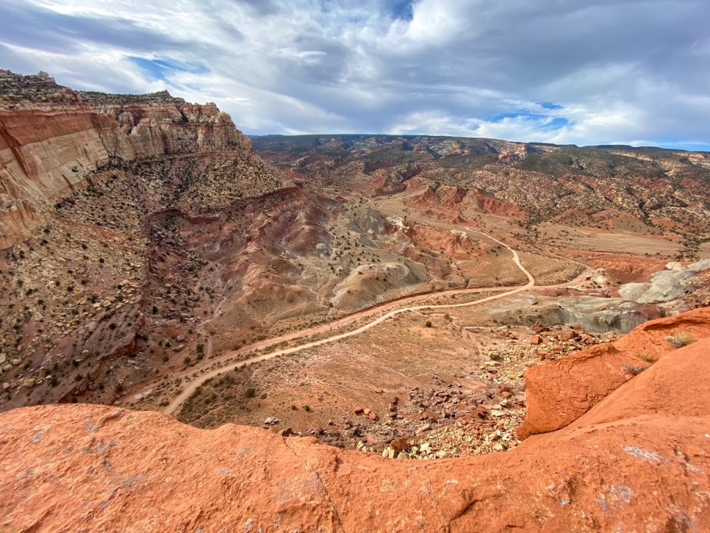 Grand Wash Road and the surrounding valley cutting through the Waterpocket Fold as seen from the Cassidy Arch Trail in Capitol Reef