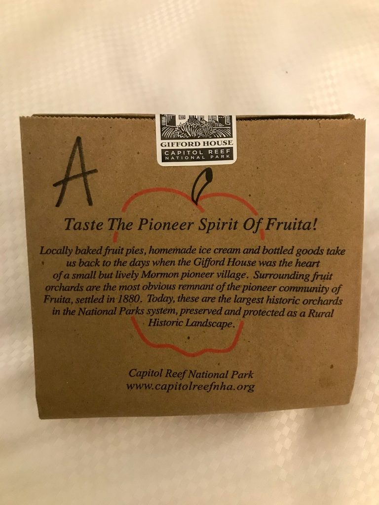 a cute note that came with our pie at the Gifford House in Capitol Reef National Park