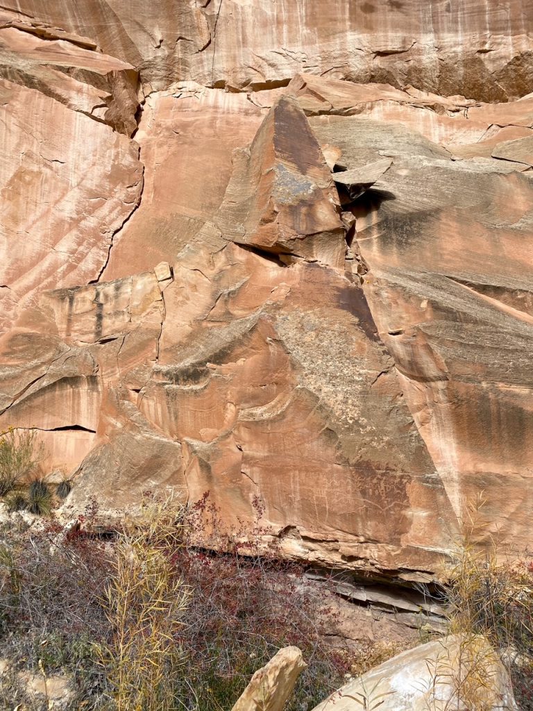 a dagger-shaped rock formation at the Fremont Petroglyph Panels in Capitol Reef