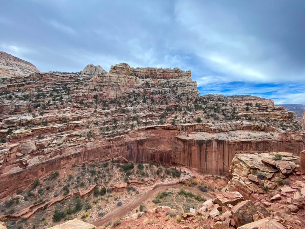 a moody canyon view along the Cassidy Arch Trail during our one day in Capitol Reef National Park