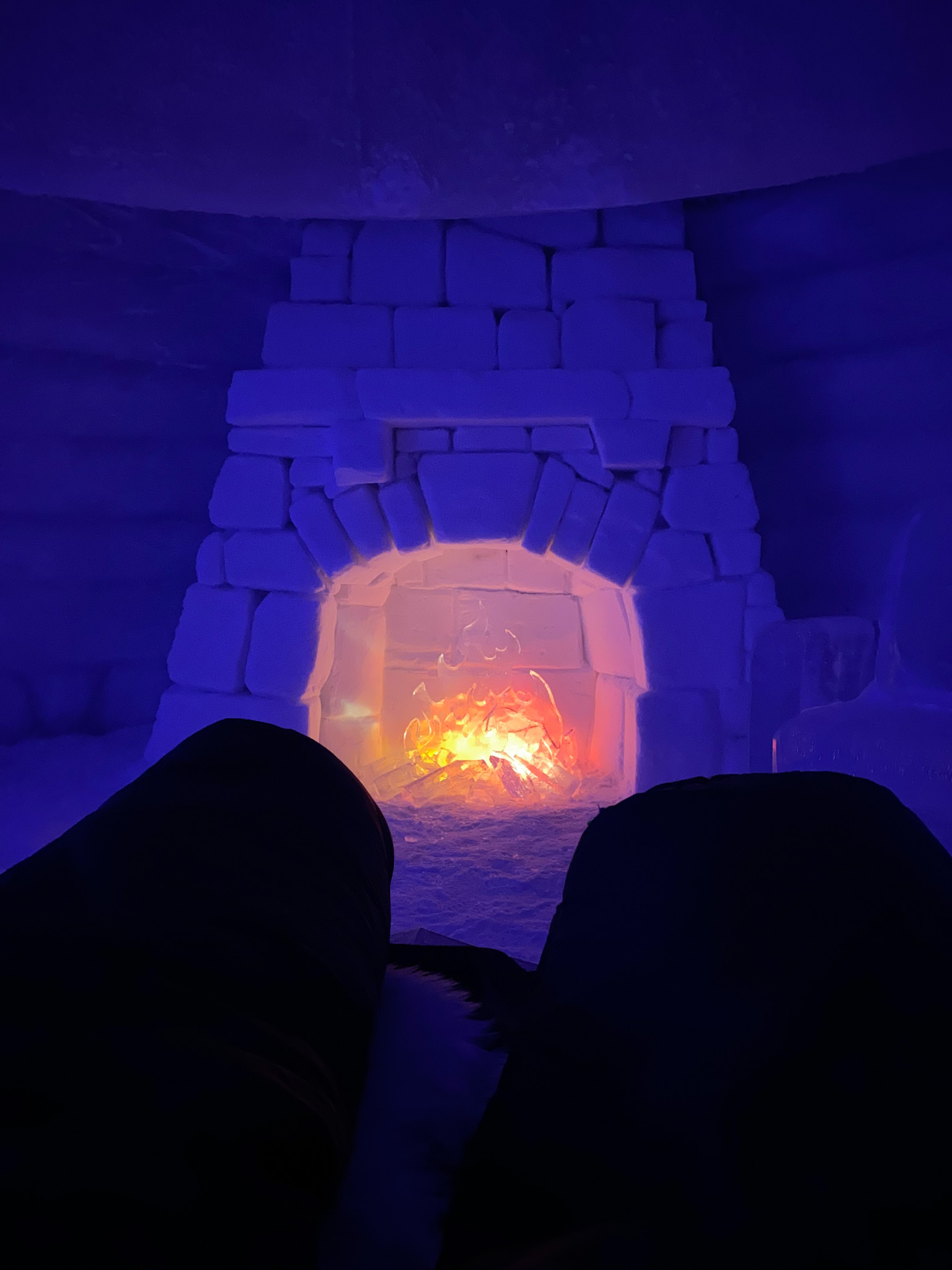 the "fireplace" made of snow and ice in our room at the Snowhotel in Kirkenes
