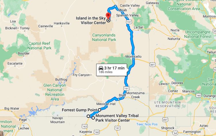 Canyonlands to Monument Valley map