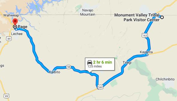 Monument Valley to Page, AZ map