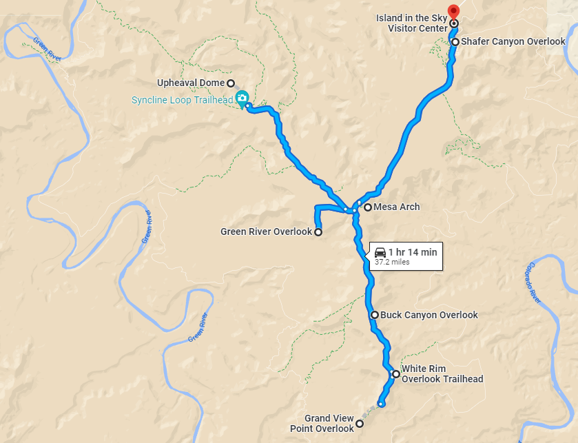 map of route for one-day itinerary for Canyonlands National Park