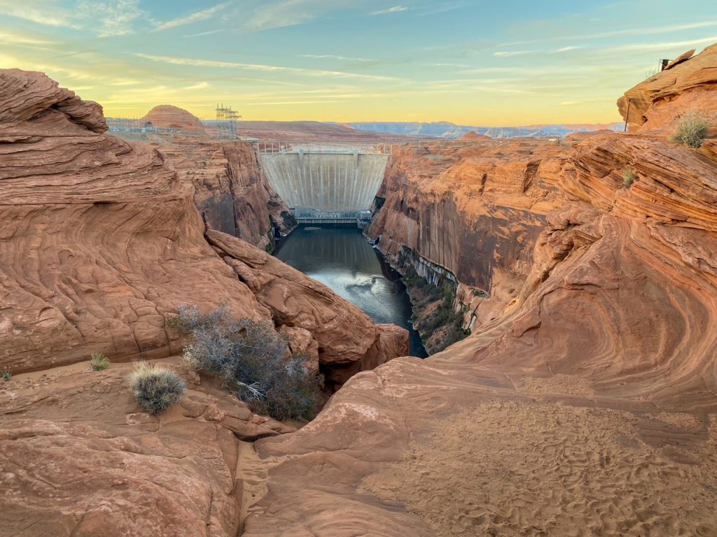 Glen Canyon Dam Steel Arch Bridge in Page, AZ at dusk