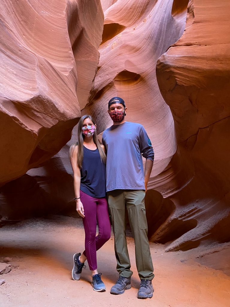 Sara and Tim with their masks on during Covid inside Lower Antelope Canyon in Page, AZ