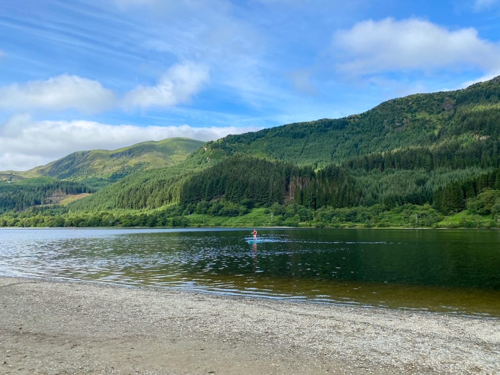 a stand-up paddle boarder at Loch Lubnaig