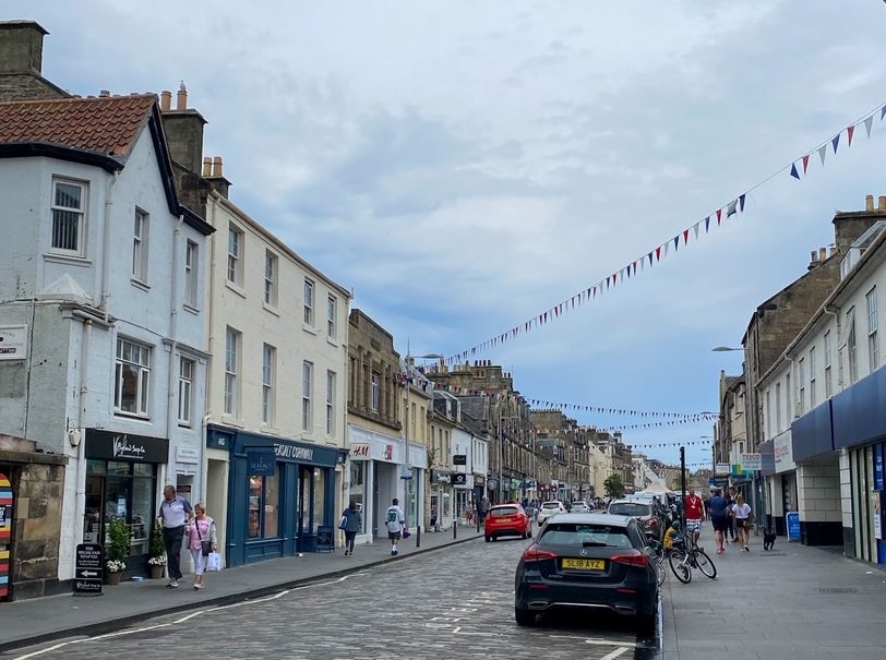 a busy street in St Andrews, Scotland
