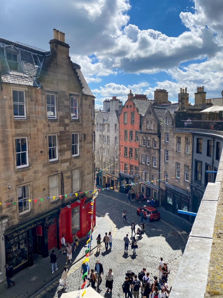 View of Victoria Street from above on a free walking tour of Edinburgh