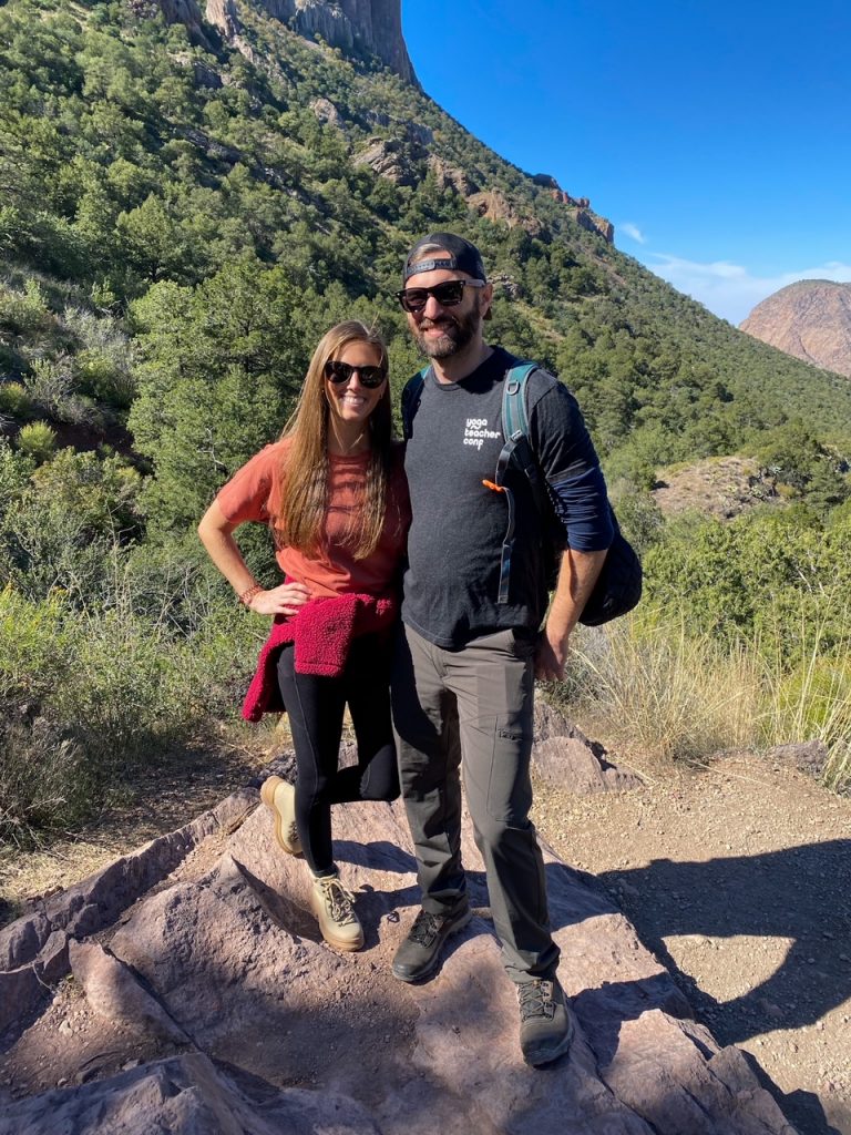 Sara and Tim with their daypack and hiking gear on the Lost Mine Trail in Big Bend National Park