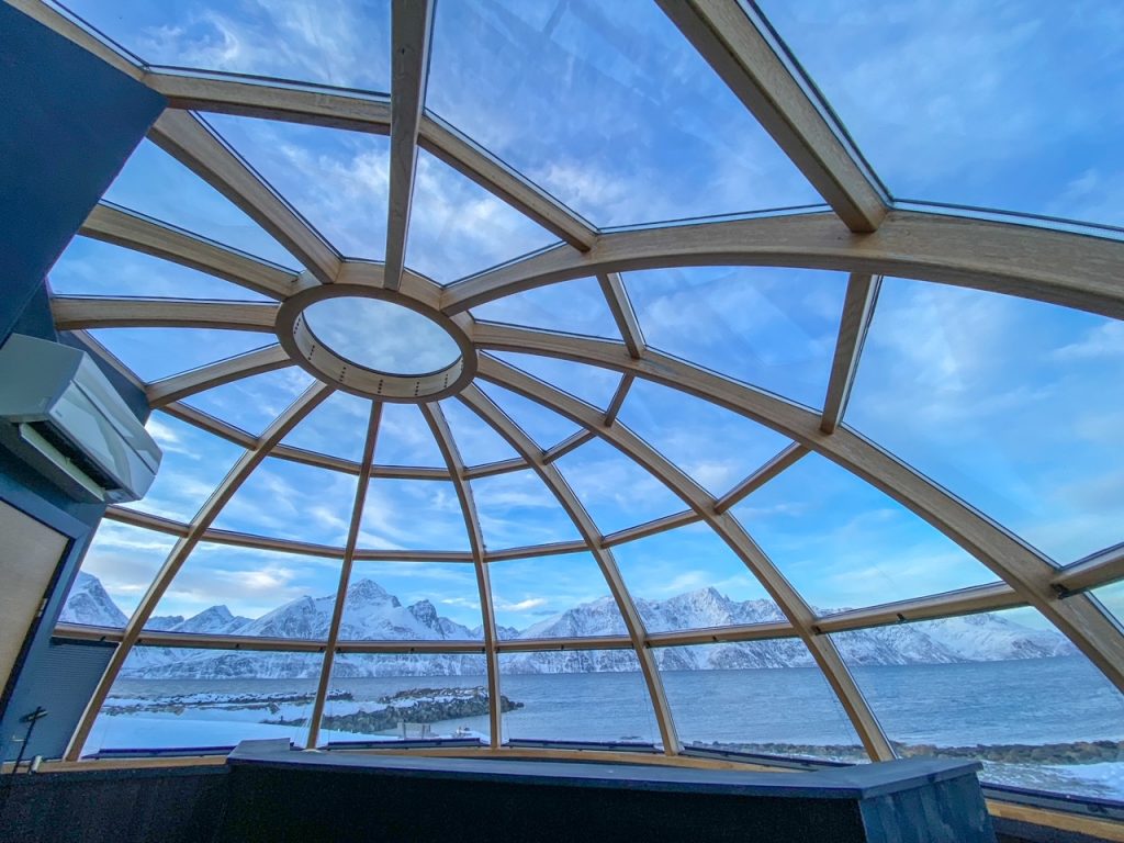 inside the 360 degree glass igloo at Lyngen North Igloo Hotel