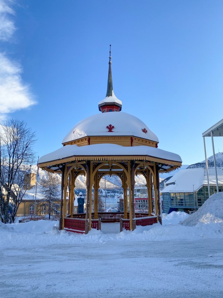 a snow-covered gazebo in Tromsø